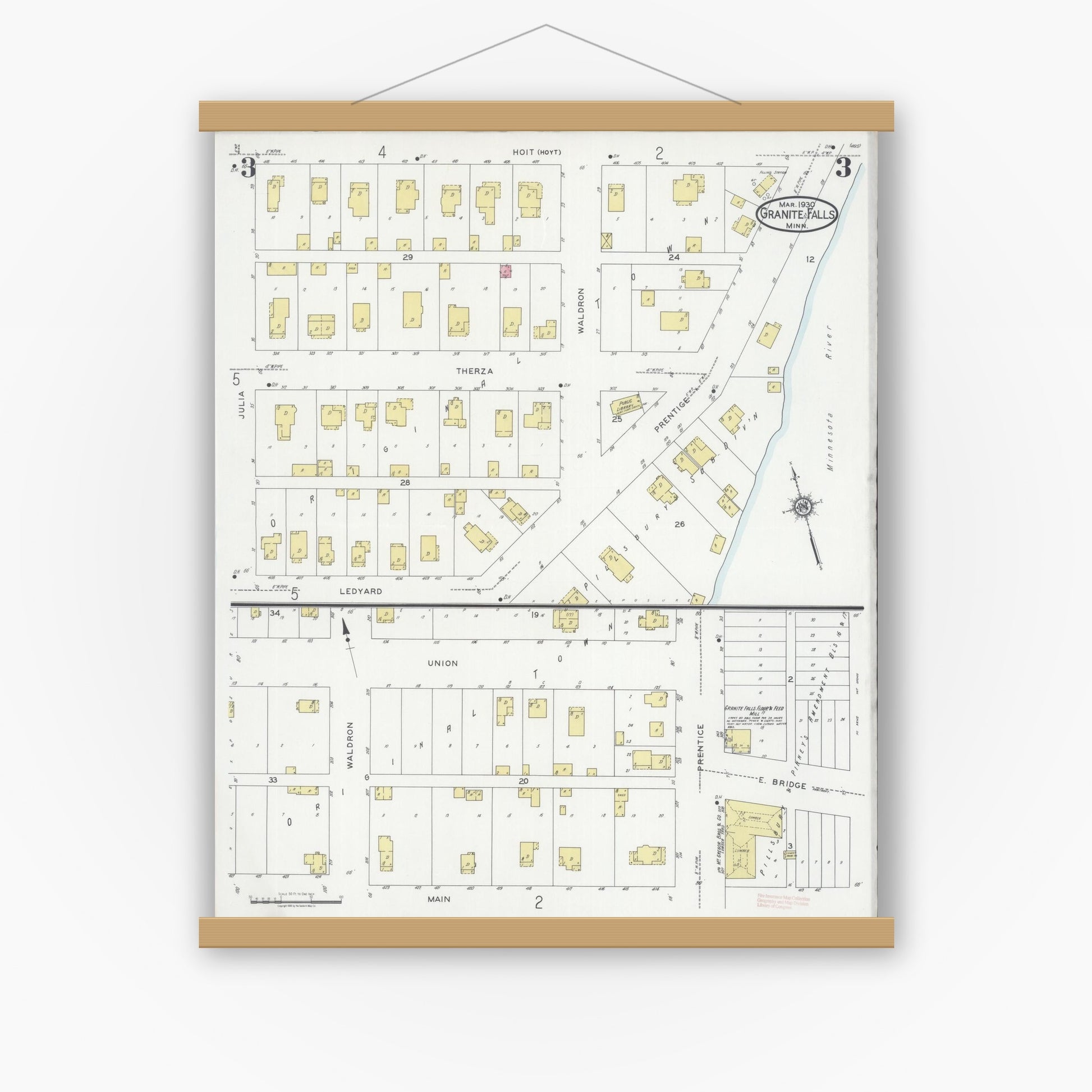 Old map wall art mockup — magnetic wood frame on white wall — Sanborn Fire Insurance Map from Granite Falls, Yellow Medicine And Chippewa Counties, Minnesota (1930), Sheet #0003
