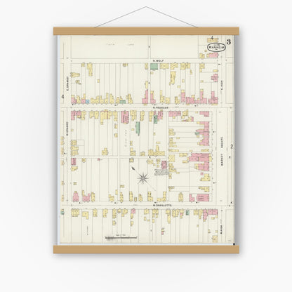Old map wall art mockup — magnetic wood frame on white wall — Sanborn Fire Insurance Map from Manheim, Lancaster County, Pennsylvania (1896), Sheet #0003