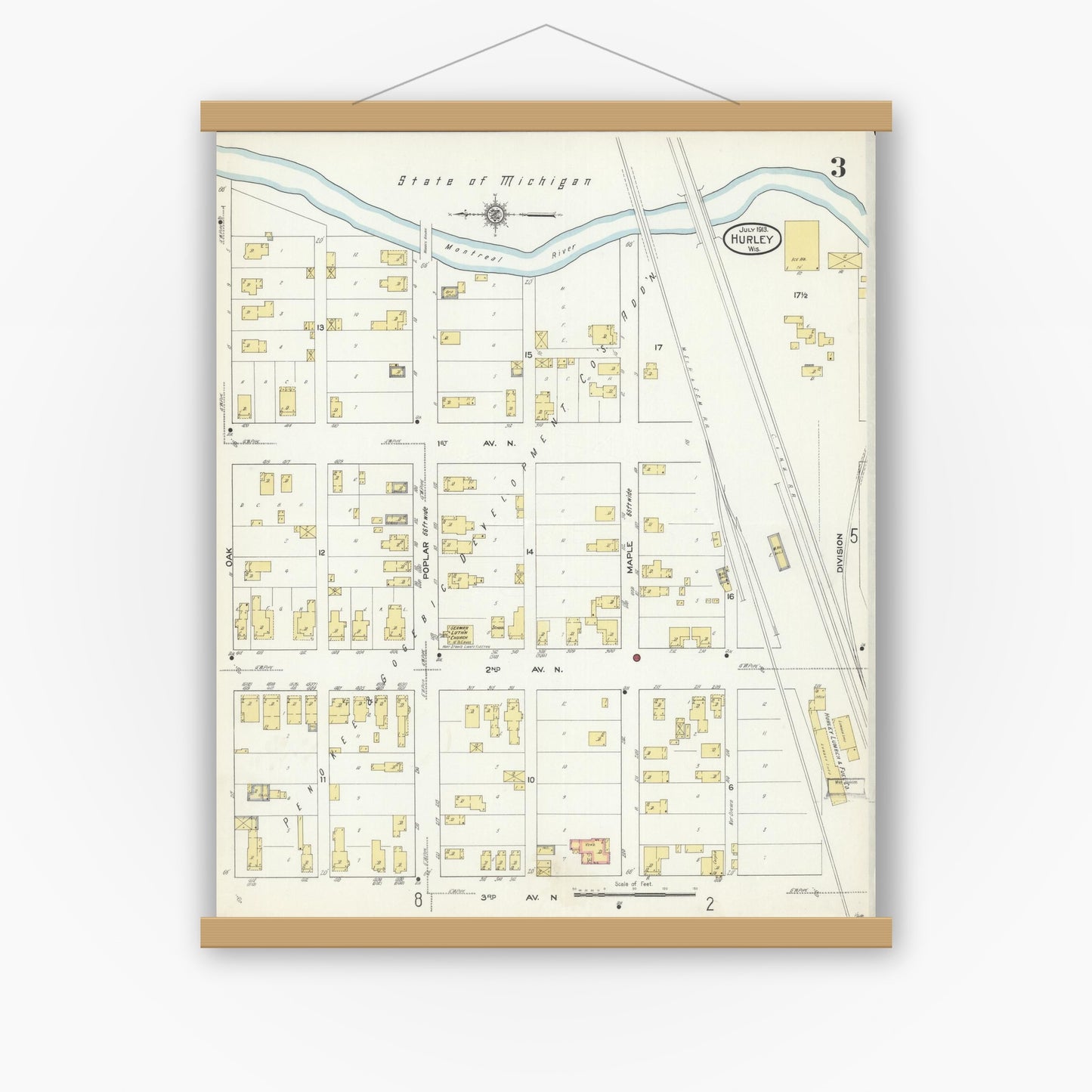 Old map wall art mockup — magnetic wood frame on white wall — Sanborn Fire Insurance Map from Hurley, Iron County, Wisconsin (1913), Sheet #0003