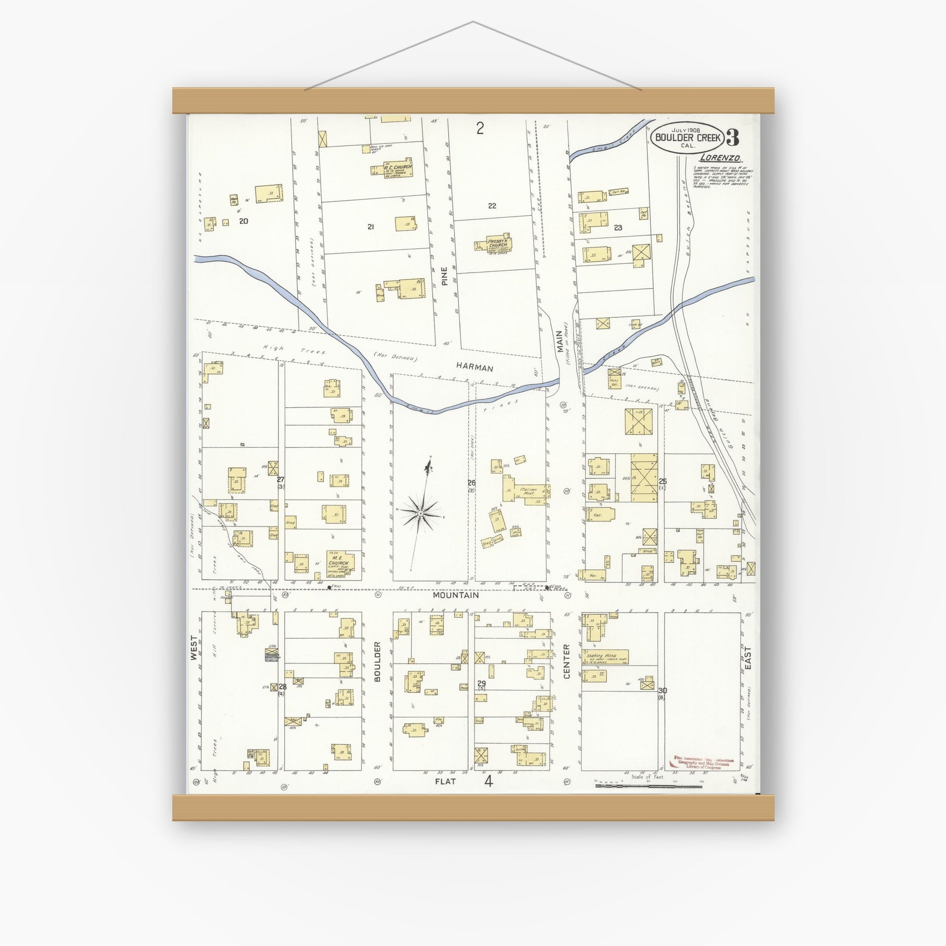 Old map wall art mockup — magnetic wood frame on white wall — Sanborn Fire Insurance Map from Boulder Creek, Santa Cruz County, California (1908), Sheet #0003