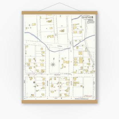 Old map wall art mockup — magnetic wood frame on white wall — Sanborn Fire Insurance Map from Boulder Creek, Santa Cruz County, California (1908), Sheet #0003