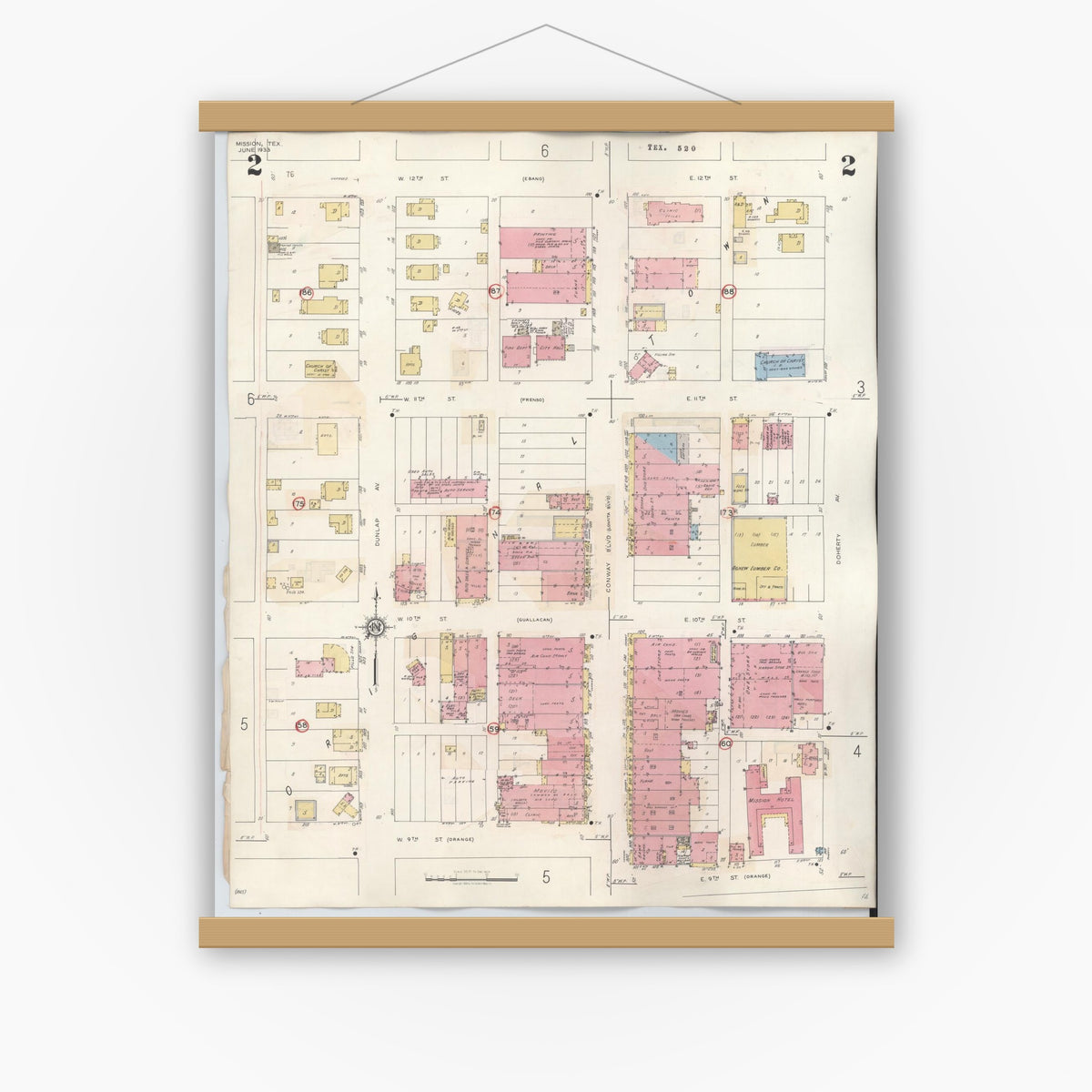 Old map wall art mockup — magnetic wood frame on white wall — Sanborn Fire Insurance Map from Mission, Hidalgo County, Texas (1949), Sheet #0002
