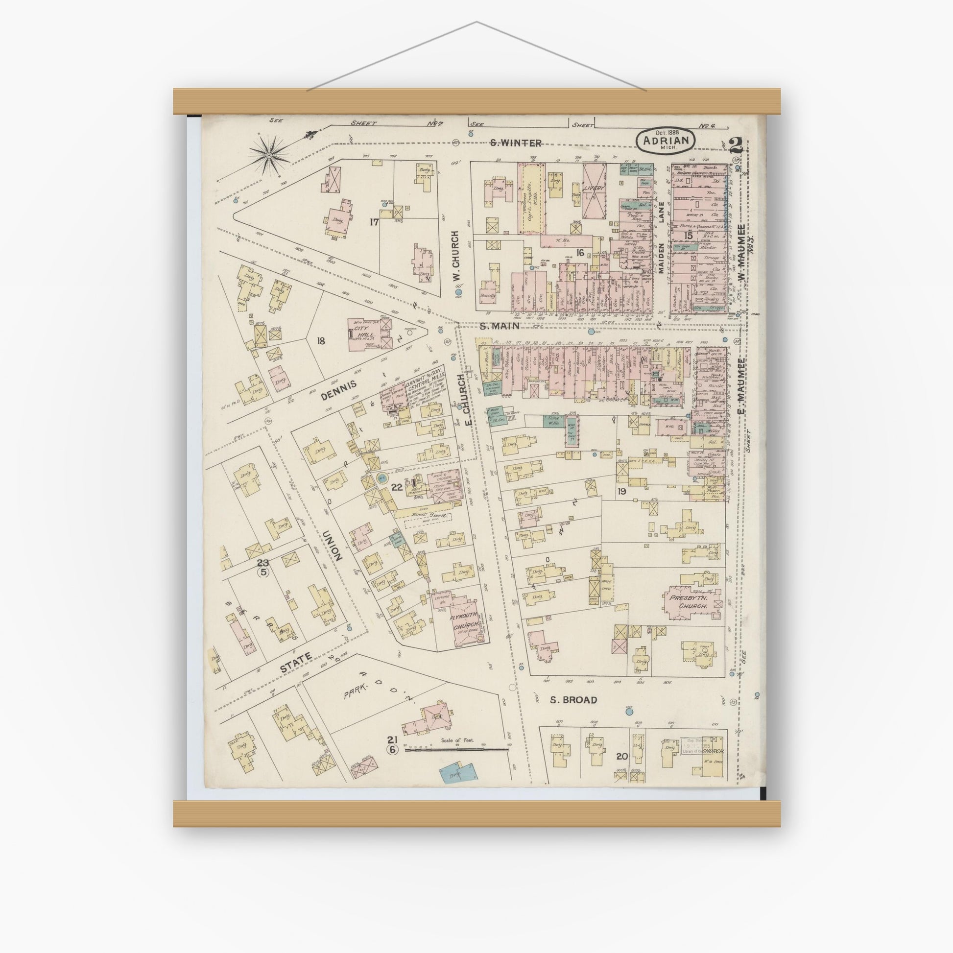 Old map wall art mockup — magnetic wood frame on white wall — Sanborn Fire Insurance Map from Adrian, Lenawee County, Michigan (1888), Sheet #0002