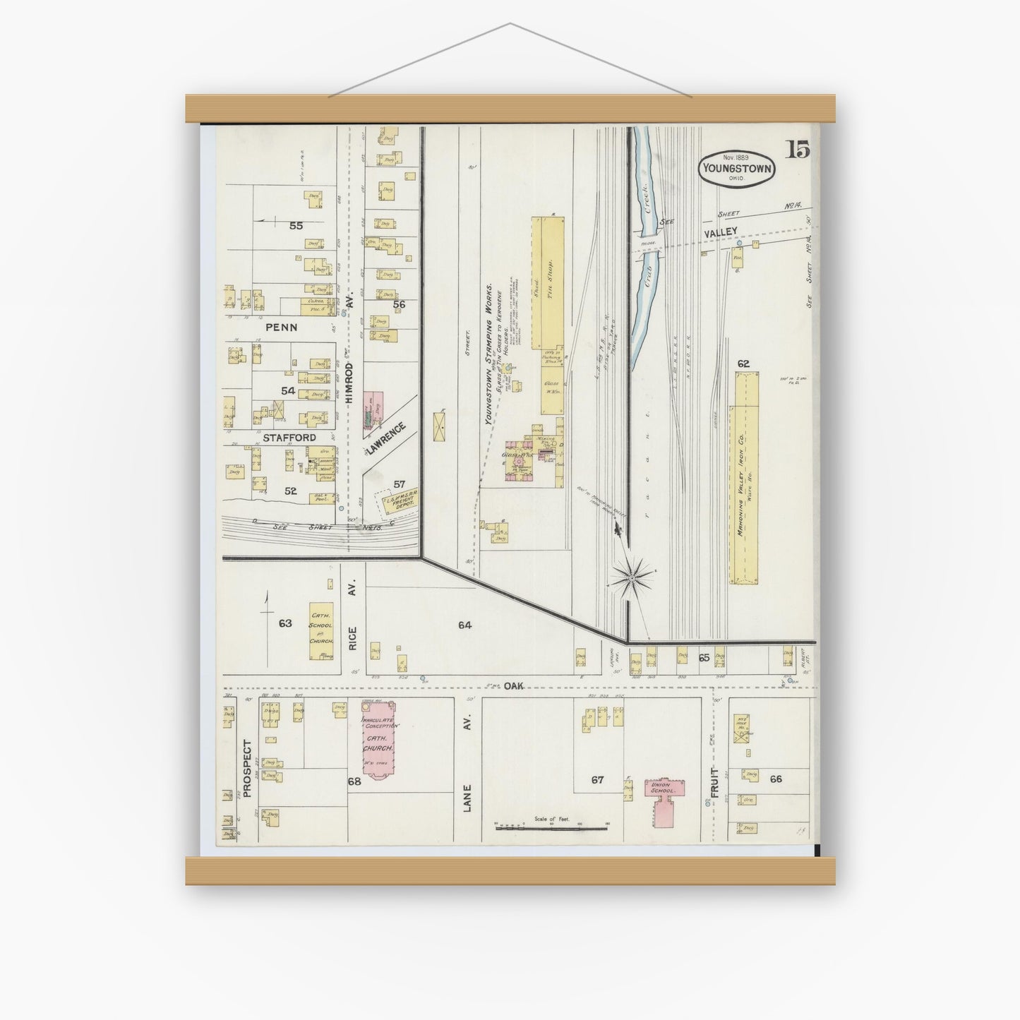 Old map wall art mockup — magnetic wood frame on white wall — Sanborn Fire Insurance Map from Youngstown, Mahoning County, Ohio (1889), Sheet #0015