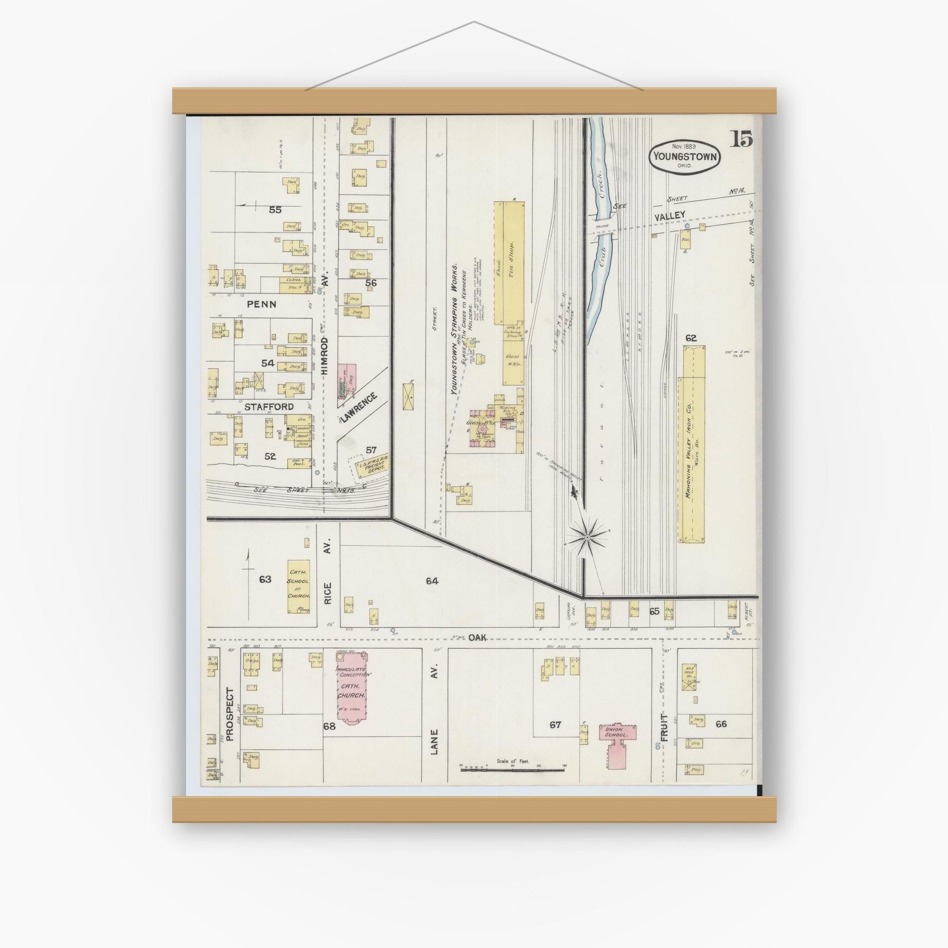Old map wall art mockup — magnetic wood frame on white wall — Sanborn Fire Insurance Map from Youngstown, Mahoning County, Ohio (1889), Sheet #0015