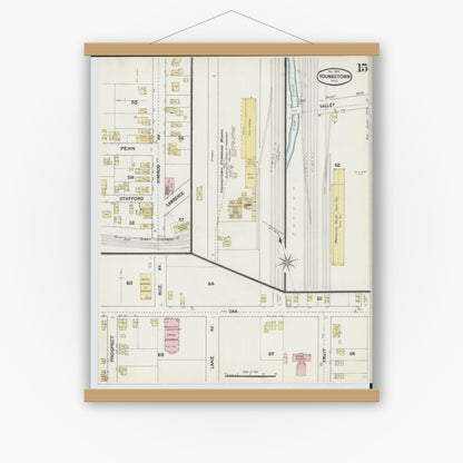 Old map wall art mockup — magnetic wood frame on white wall — Sanborn Fire Insurance Map from Youngstown, Mahoning County, Ohio (1889), Sheet #0015