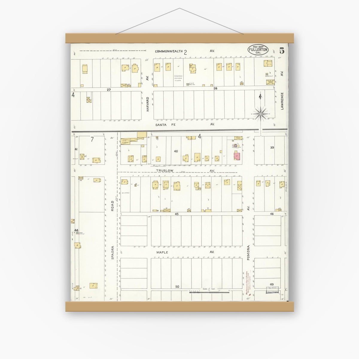 Old map wall art mockup — magnetic wood frame on white wall — Sanborn Fire Insurance Map from Fullerton, Orange County, California (1907), Sheet #0005