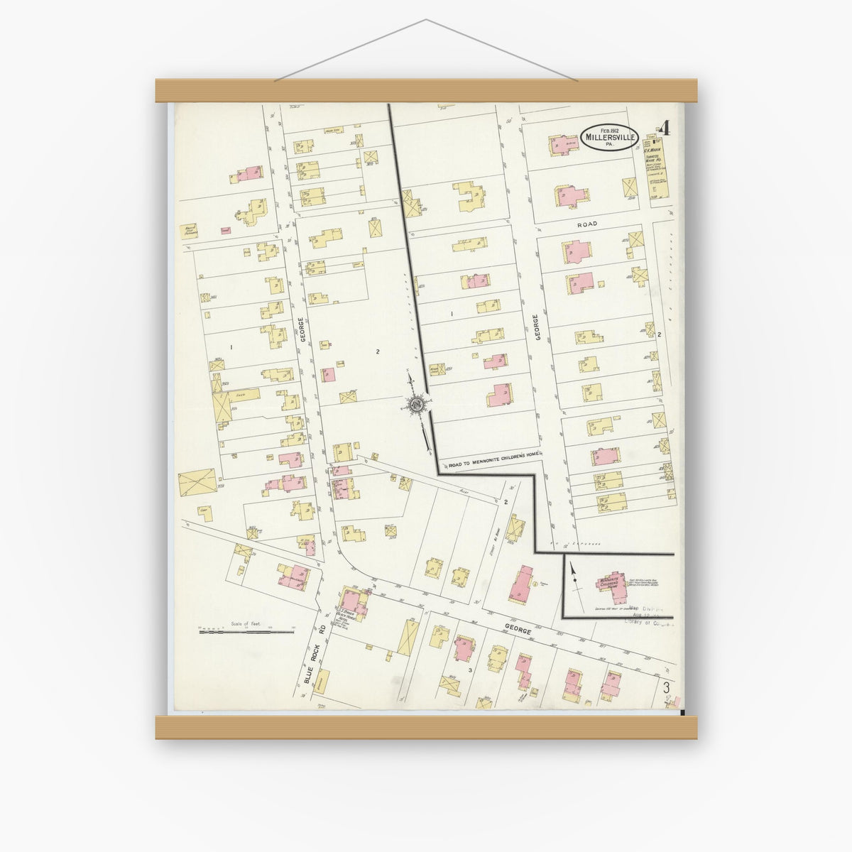 Old map wall art mockup — magnetic wood frame on white wall — Sanborn Fire Insurance Map from Millersville, Lancaster County, Pennsylvania (1912), Sheet #0004