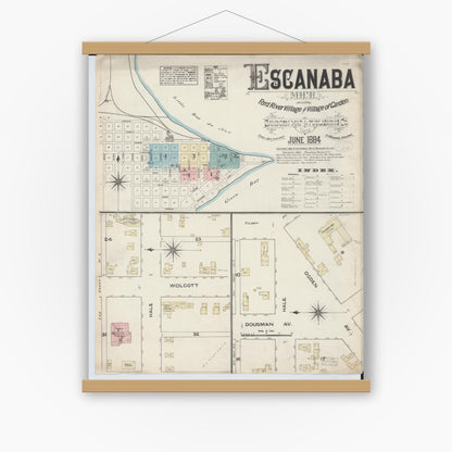 Old map wall art mockup — magnetic wood frame on white wall — Sanborn Fire Insurance Map from Escanaba, Delta County, Michigan (1884), Sheet #0001