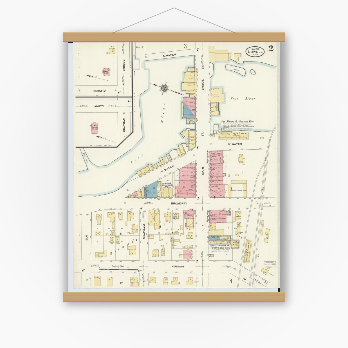 Old map wall art mockup — magnetic wood frame on white wall — Sanborn Fire Insurance Map from Lowell, Kent County, Michigan (1910), Sheet #0004