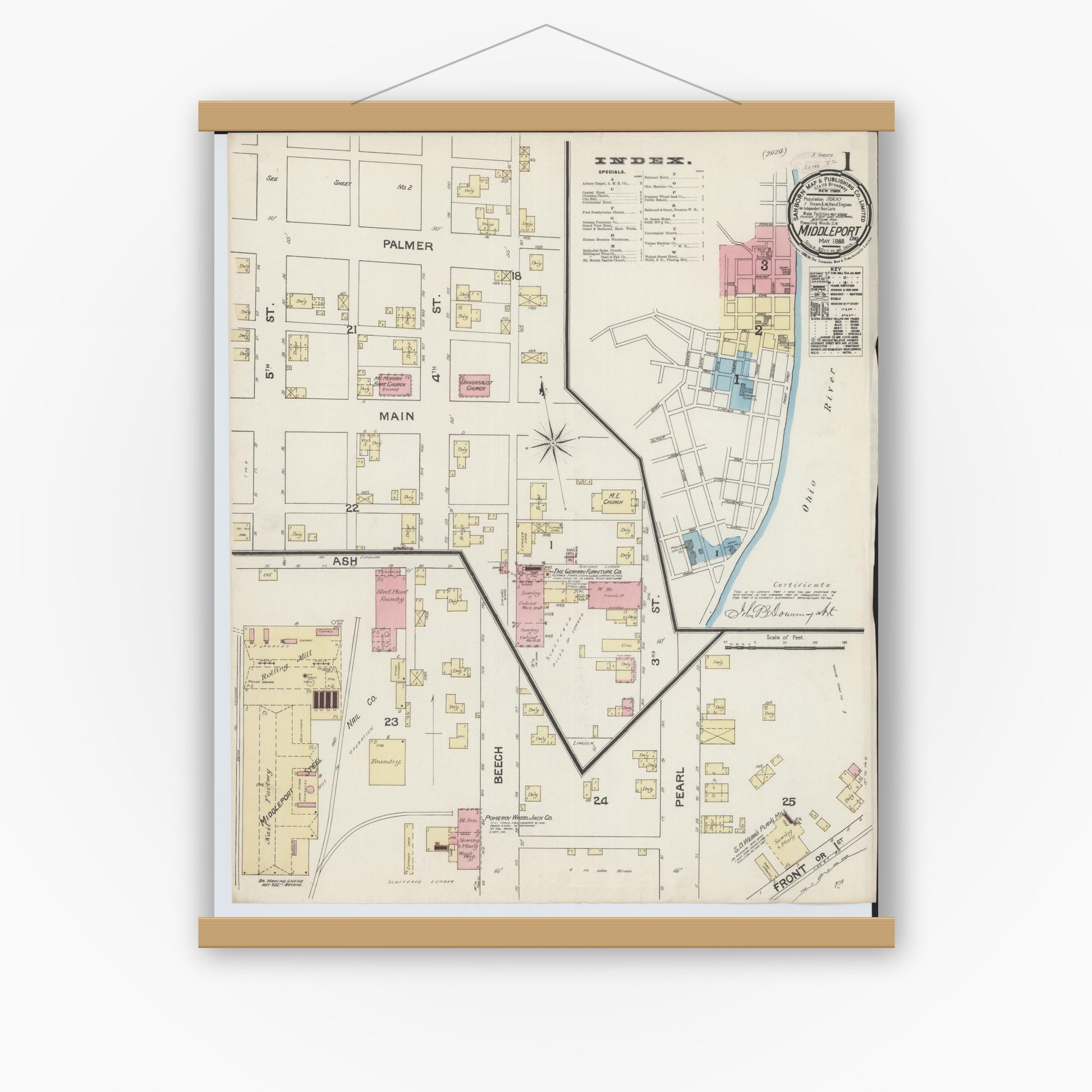 Old map wall art mockup — magnetic wood frame on white wall — Sanborn Fire Insurance Map from Middleport, Meigs County, Ohio (1888), Sheet #0001