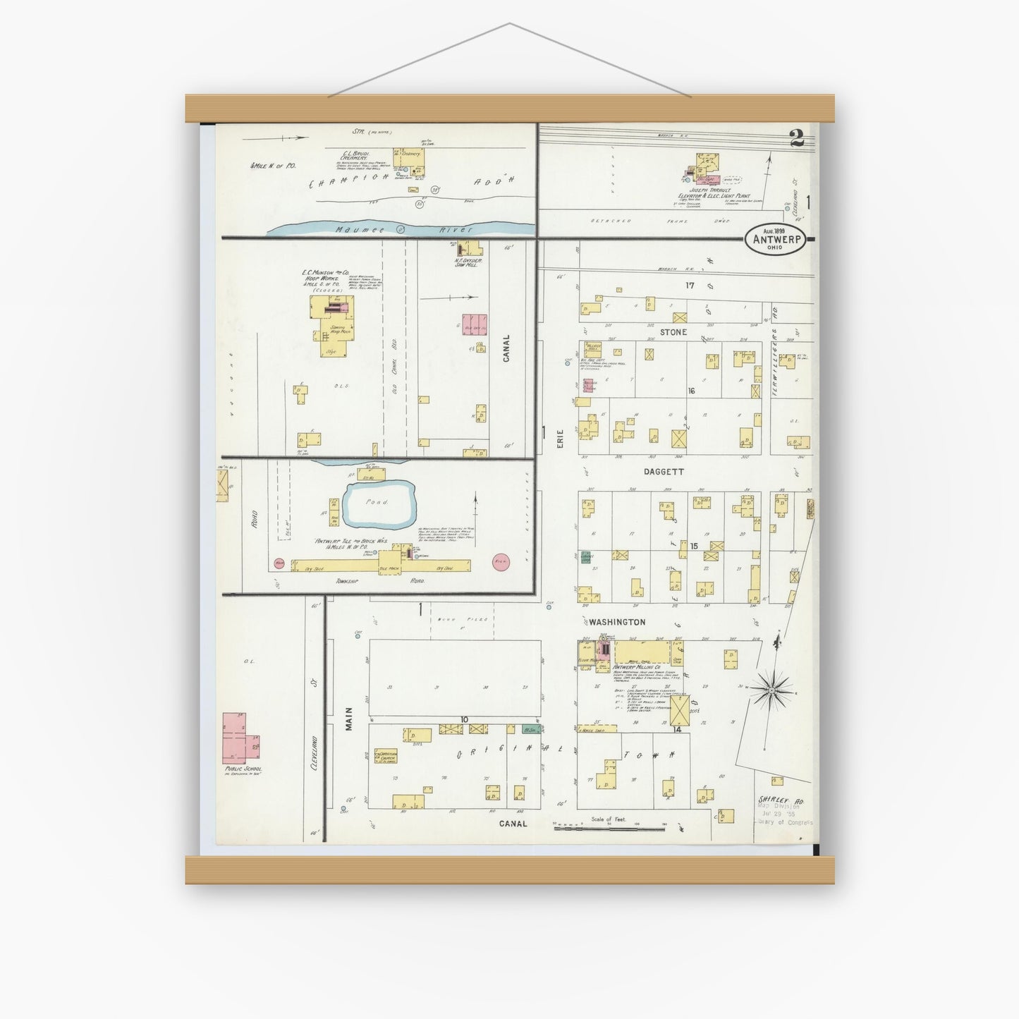 Old map wall art mockup — magnetic wood frame on white wall — Sanborn Fire Insurance Map from Antwerp, Paulding County, Ohio (1899), Sheet #0002