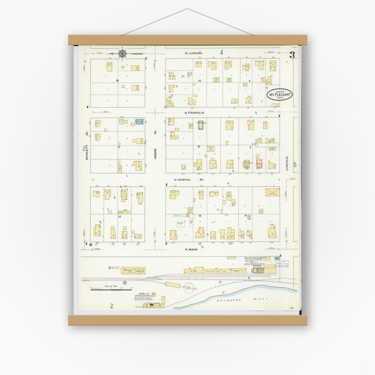 Old map wall art mockup — magnetic wood frame on white wall — Sanborn Fire Insurance Map from Mount Pleasant, Isabella County, Michigan (1910), Sheet #0003