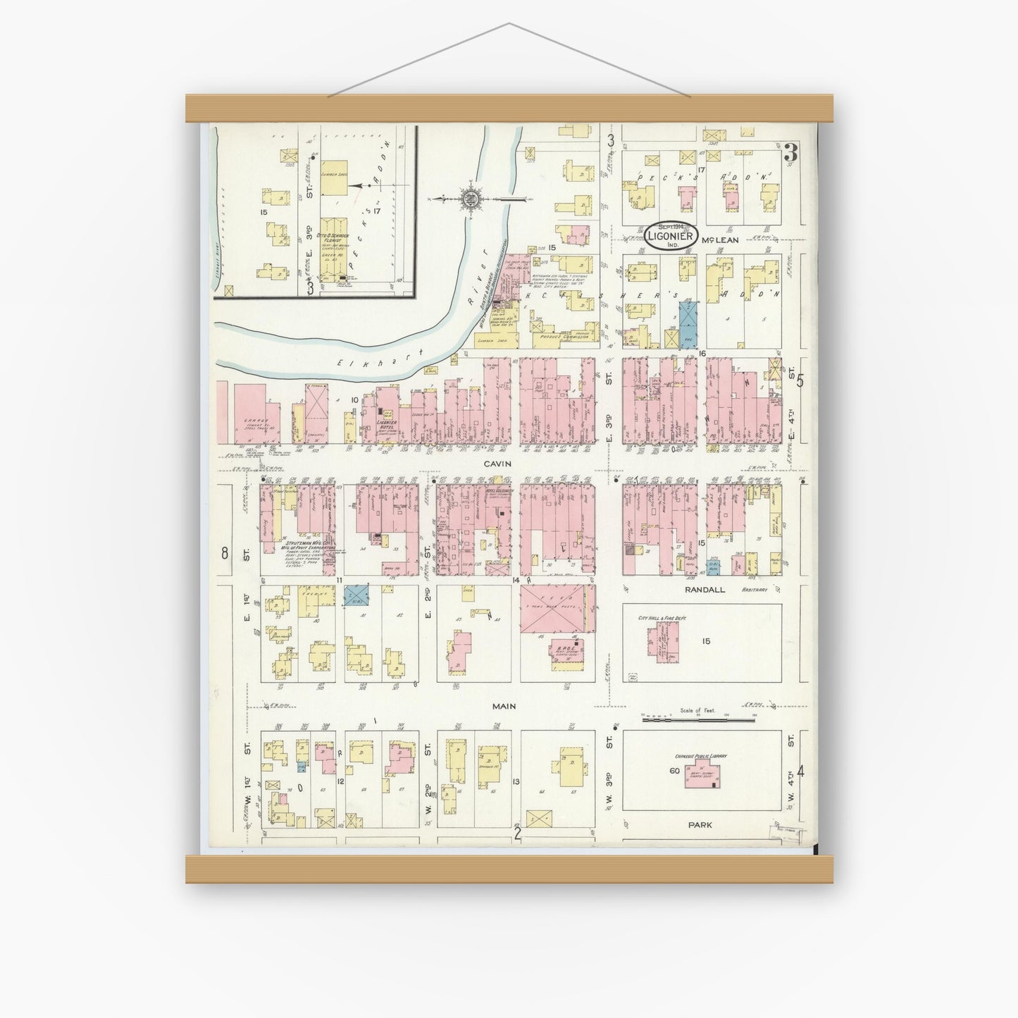Old map wall art mockup — magnetic wood frame on white wall — Sanborn Fire Insurance Map from Ligonier, Noble County, Indiana (1914), Sheet #0003