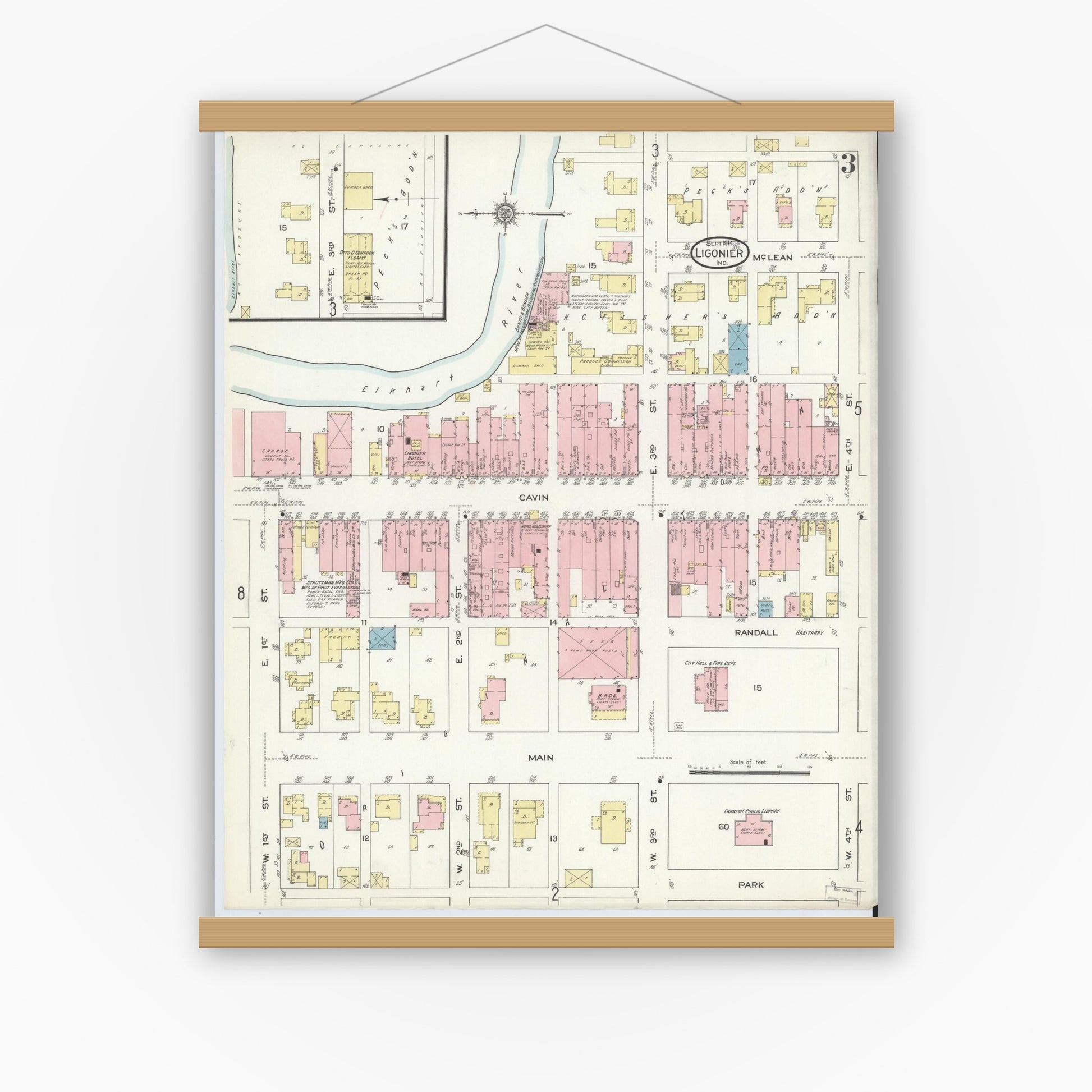 Old map wall art mockup — magnetic wood frame on white wall — Sanborn Fire Insurance Map from Ligonier, Noble County, Indiana (1914), Sheet #0003