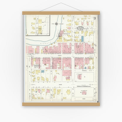 Old map wall art mockup — magnetic wood frame on white wall — Sanborn Fire Insurance Map from Ligonier, Noble County, Indiana (1914), Sheet #0003