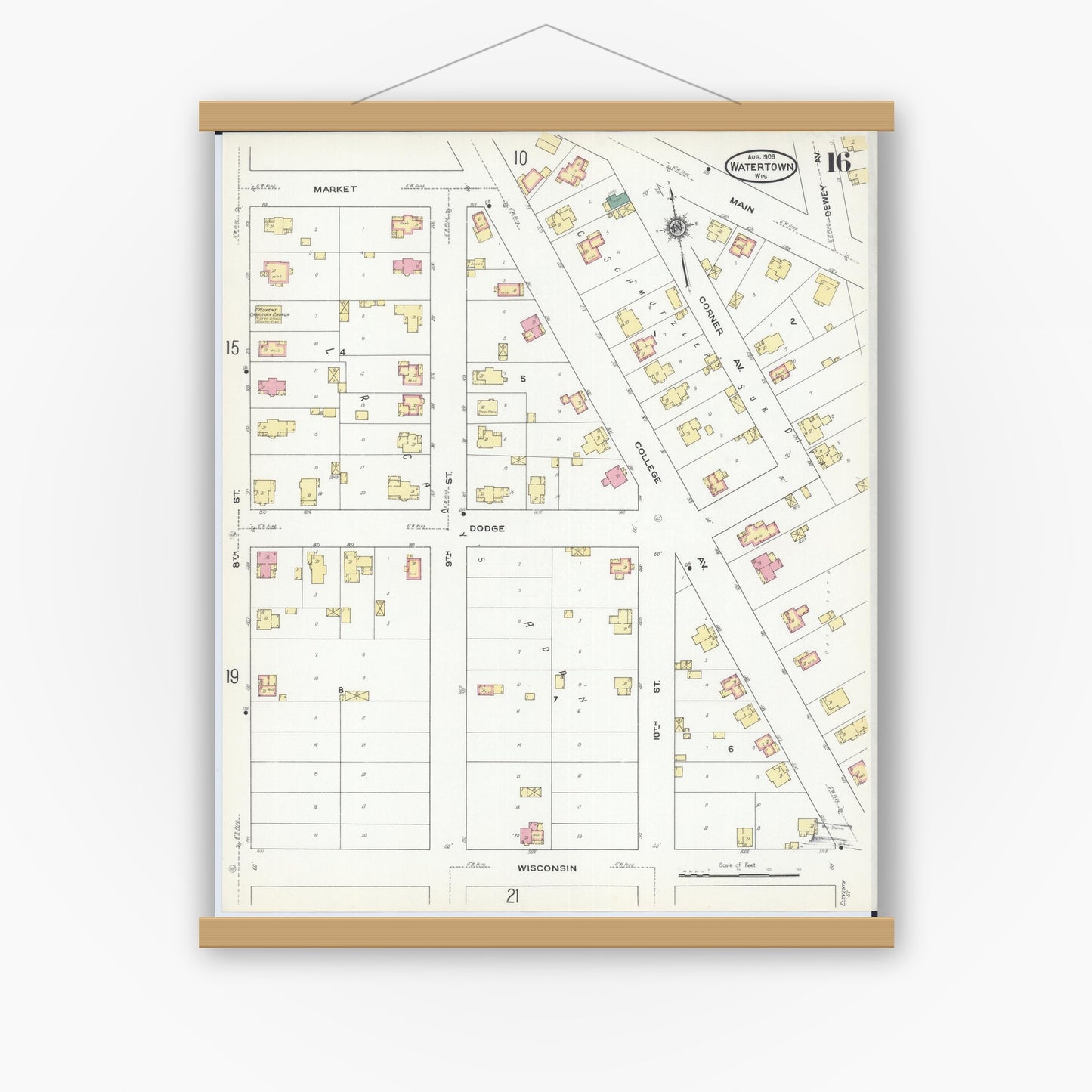Old map wall art mockup — magnetic wood frame on white wall — Sanborn Fire Insurance Map from Watertown, Jefferson County, Wisconsin (1909), Sheet #0016
