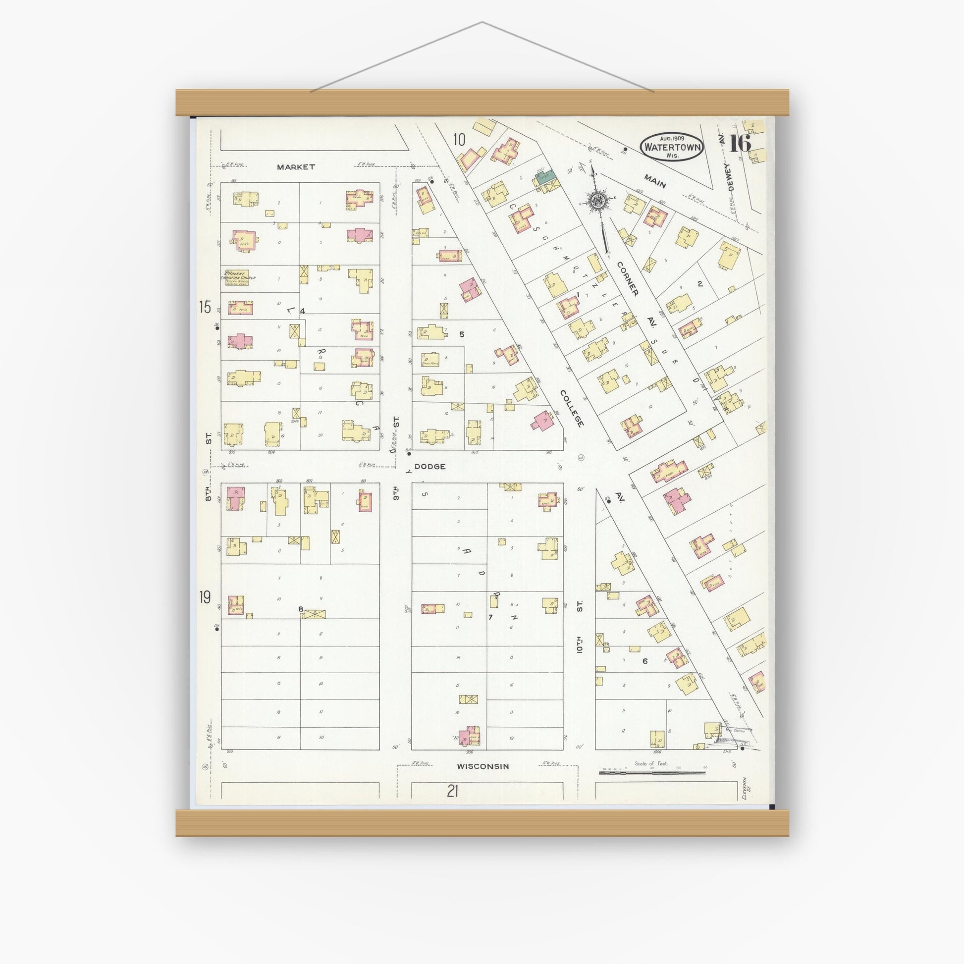 Old map wall art mockup — magnetic wood frame on white wall — Sanborn Fire Insurance Map from Watertown, Jefferson County, Wisconsin (1909), Sheet #0016