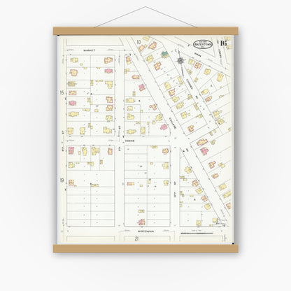 Old map wall art mockup — magnetic wood frame on white wall — Sanborn Fire Insurance Map from Watertown, Jefferson County, Wisconsin (1909), Sheet #0016