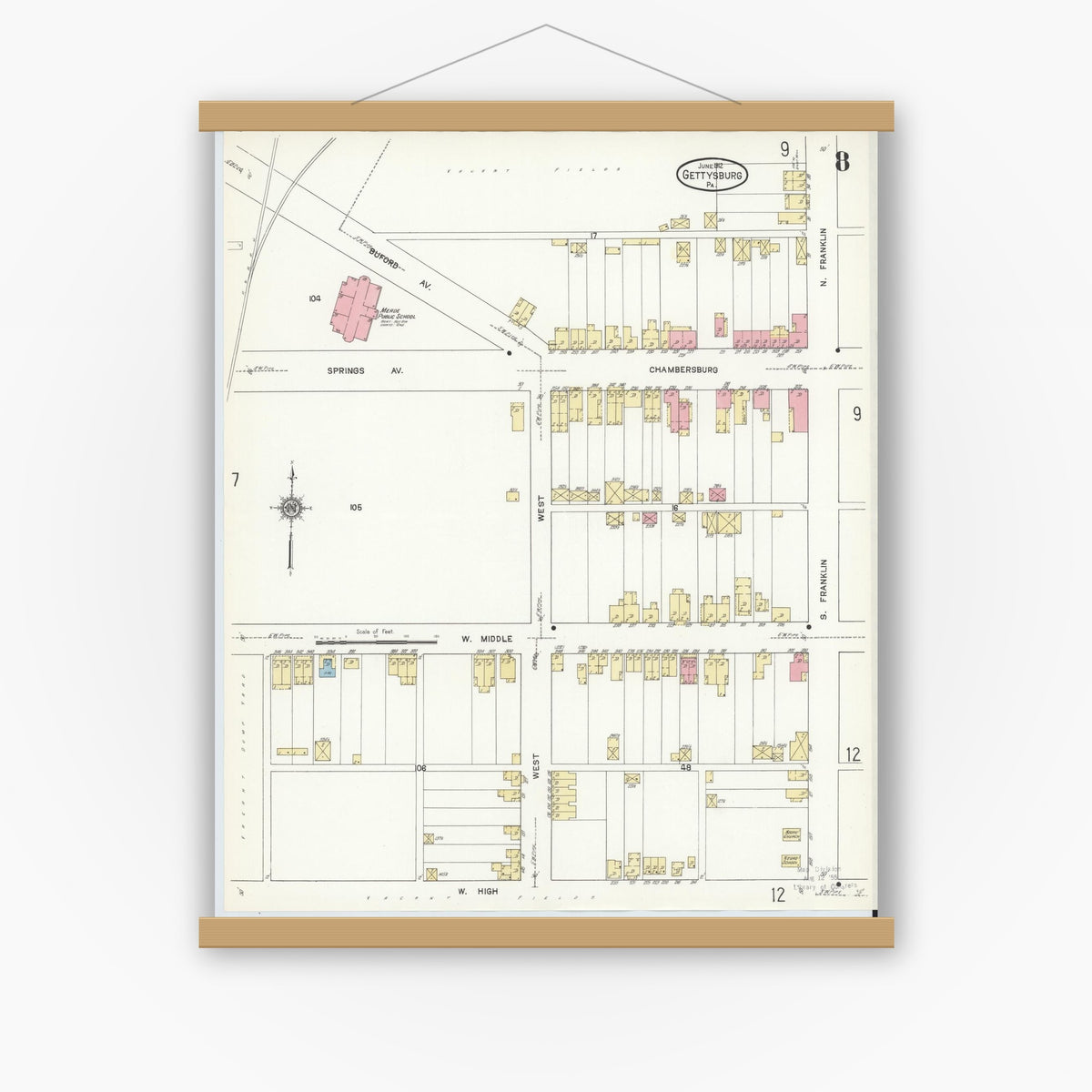 Old map wall art mockup — magnetic wood frame on white wall — Sanborn Fire Insurance Map from Gettysburg, Adams County, Pennsylvania (1912), Sheet #0008