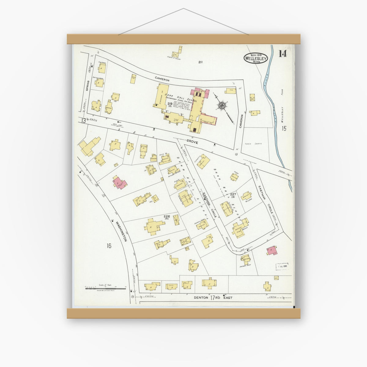 Old map wall art mockup — magnetic wood frame on white wall — Sanborn Fire Insurance Map from Wellesley, Norfolk County, Massachusetts (1919), Sheet #0014