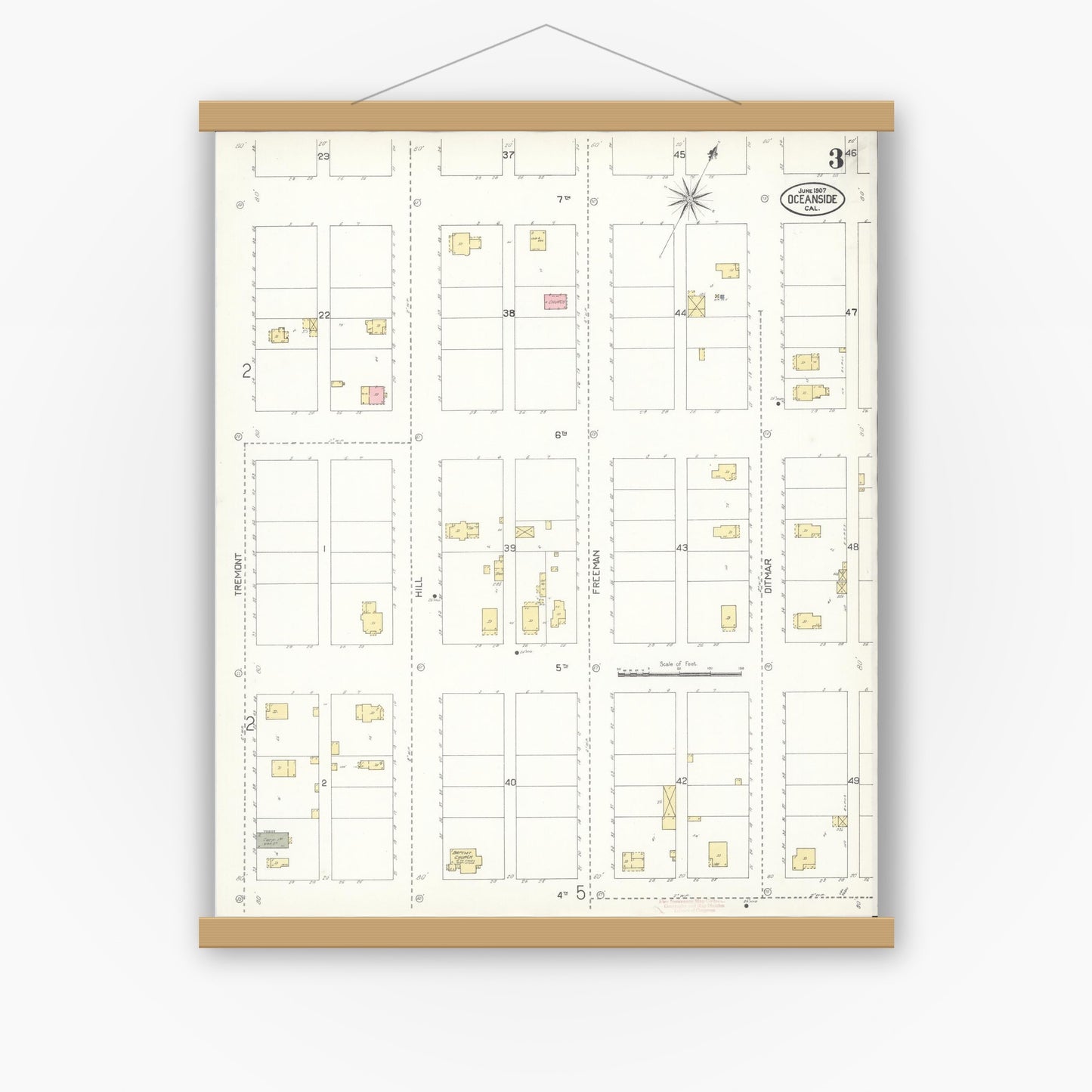 Old map wall art mockup — magnetic wood frame on white wall — Sanborn Fire Insurance Map from Oceanside, San Diego County, California (1907), Sheet #0003