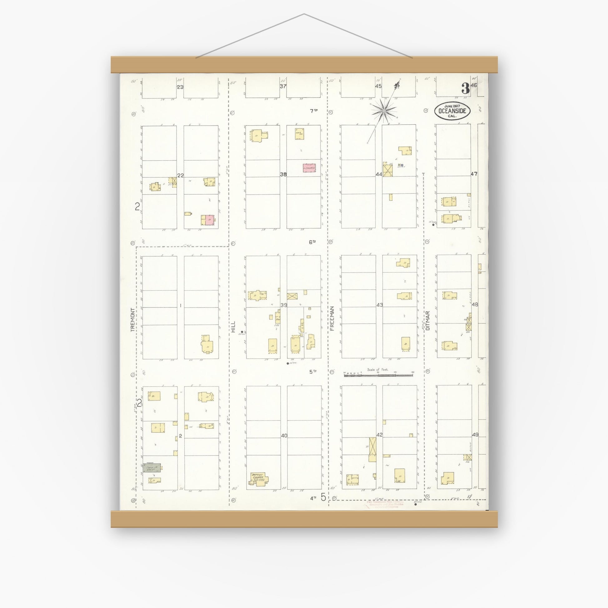 Old map wall art mockup — magnetic wood frame on white wall — Sanborn Fire Insurance Map from Oceanside, San Diego County, California (1907), Sheet #0003