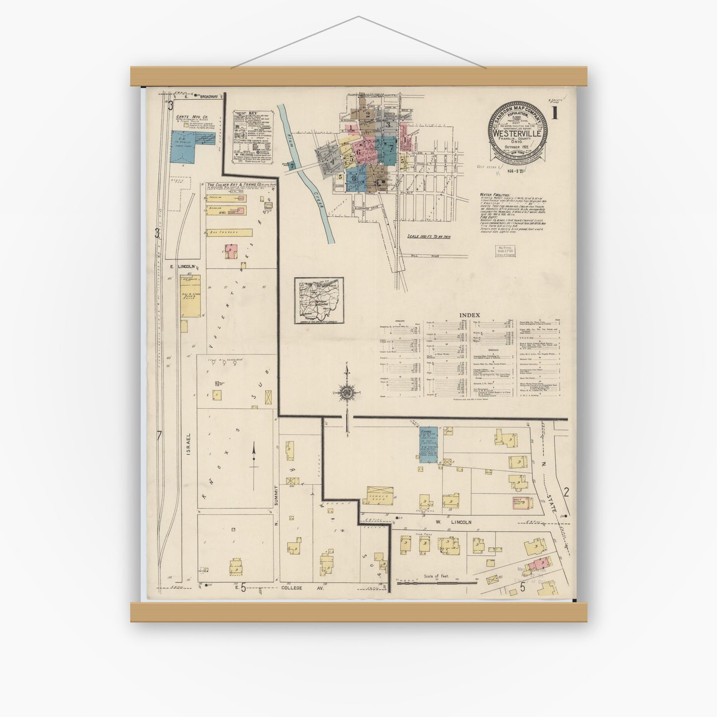 Old map wall art mockup — magnetic wood frame on white wall — Sanborn Fire Insurance Map from Westerville, Franklin County, Ohio (1922) - Complete Map Set
