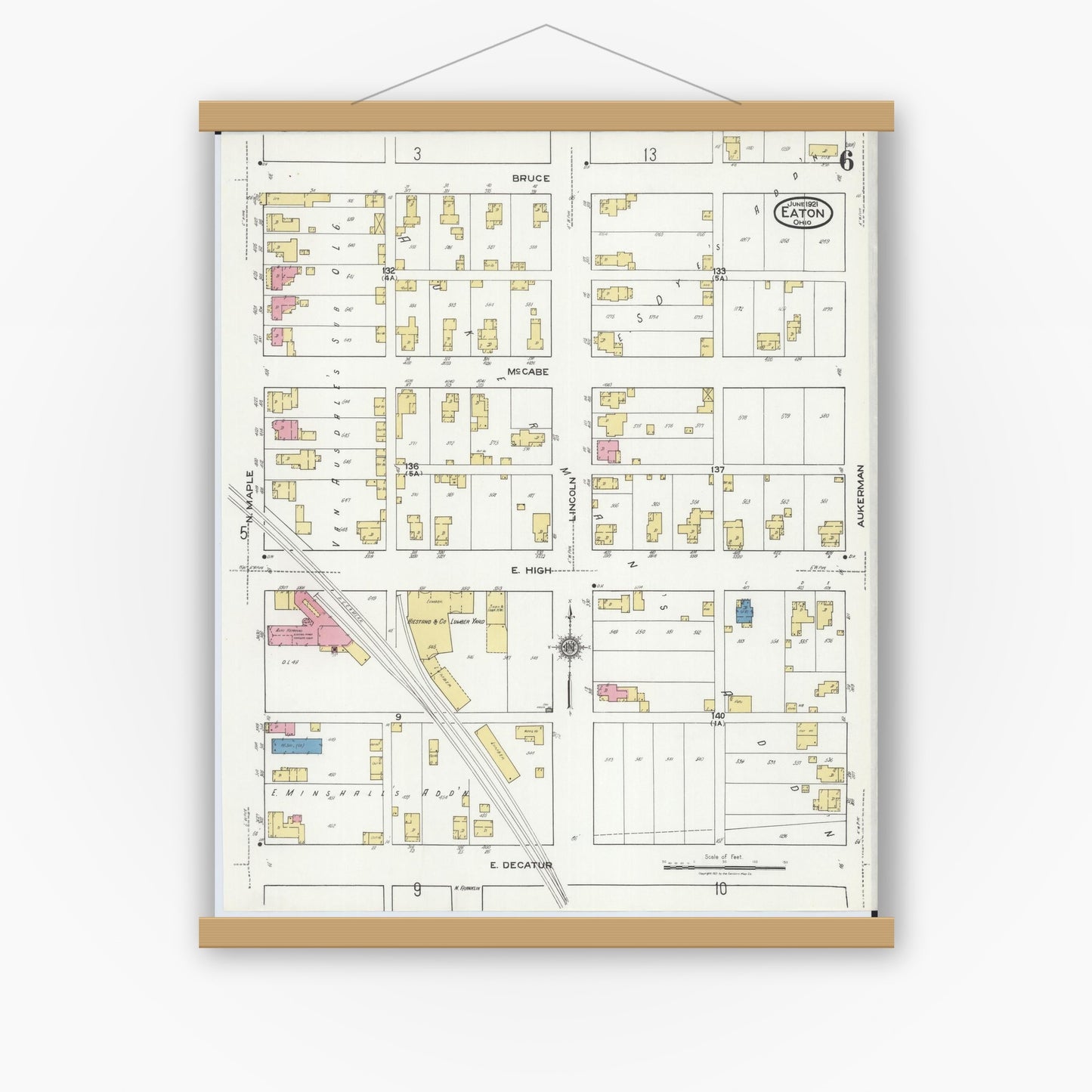 Old map wall art mockup — magnetic wood frame on white wall — Sanborn Fire Insurance Map from Eaton, Preble County, Ohio (1921), Sheet #0006