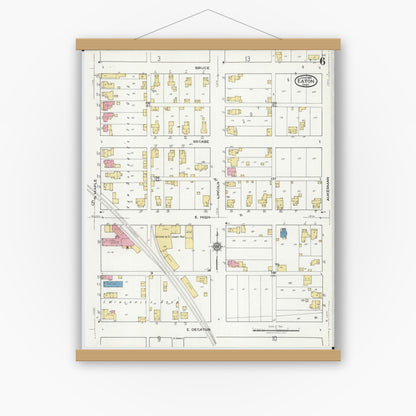 Old map wall art mockup — magnetic wood frame on white wall — Sanborn Fire Insurance Map from Eaton, Preble County, Ohio (1921), Sheet #0006