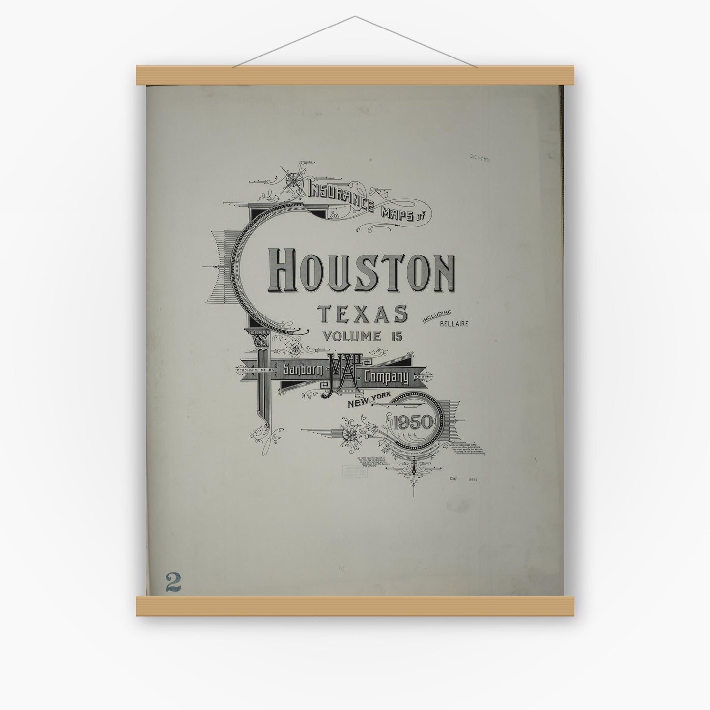 Old map wall art mockup — magnetic wood frame on white wall — Sanborn Fire Insurance Map from Houston, Harris County, Texas (1950), Sheet #0001