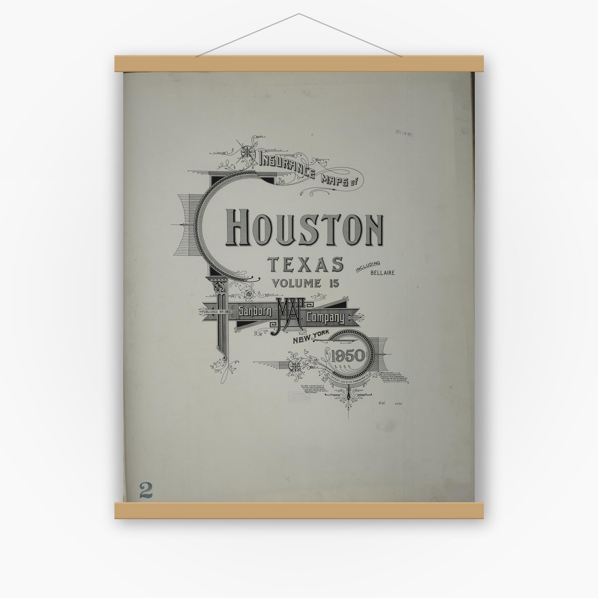 Old map wall art mockup — magnetic wood frame on white wall — Sanborn Fire Insurance Map from Houston, Harris County, Texas (1950), Sheet #0001