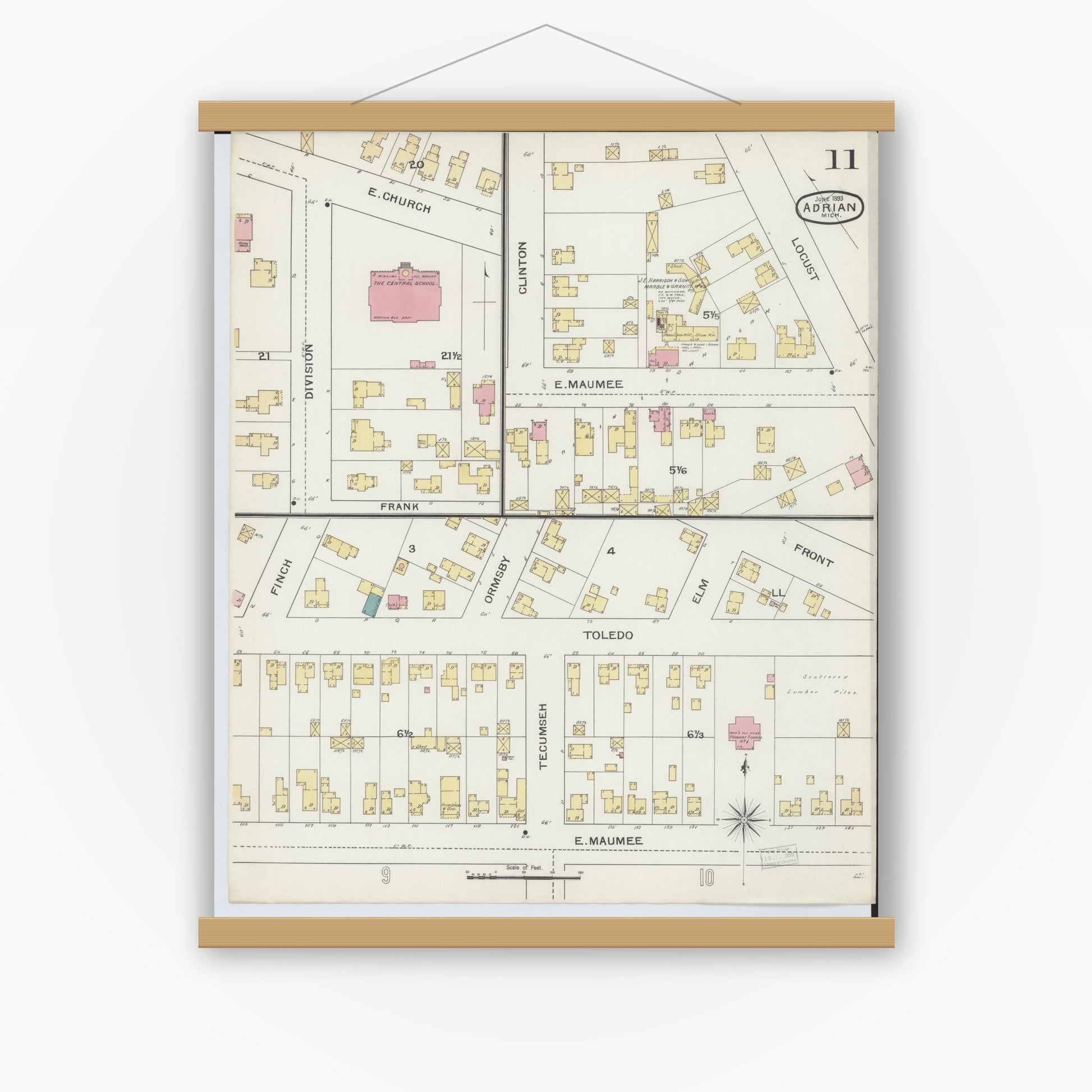 Old map wall art mockup — magnetic wood frame on white wall — Sanborn Fire Insurance Map from Adrian, Lenawee County, Michigan (1893), Sheet #0011