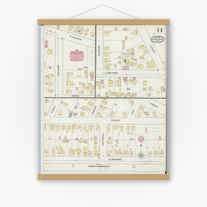 Old map wall art mockup — magnetic wood frame on white wall — Sanborn Fire Insurance Map from Adrian, Lenawee County, Michigan (1893), Sheet #0011