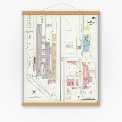 Old map wall art mockup — magnetic wood frame on white wall — Sanborn Fire Insurance Map from New Castle, Lawrence County, Pennsylvania (1899), Sheet #0025