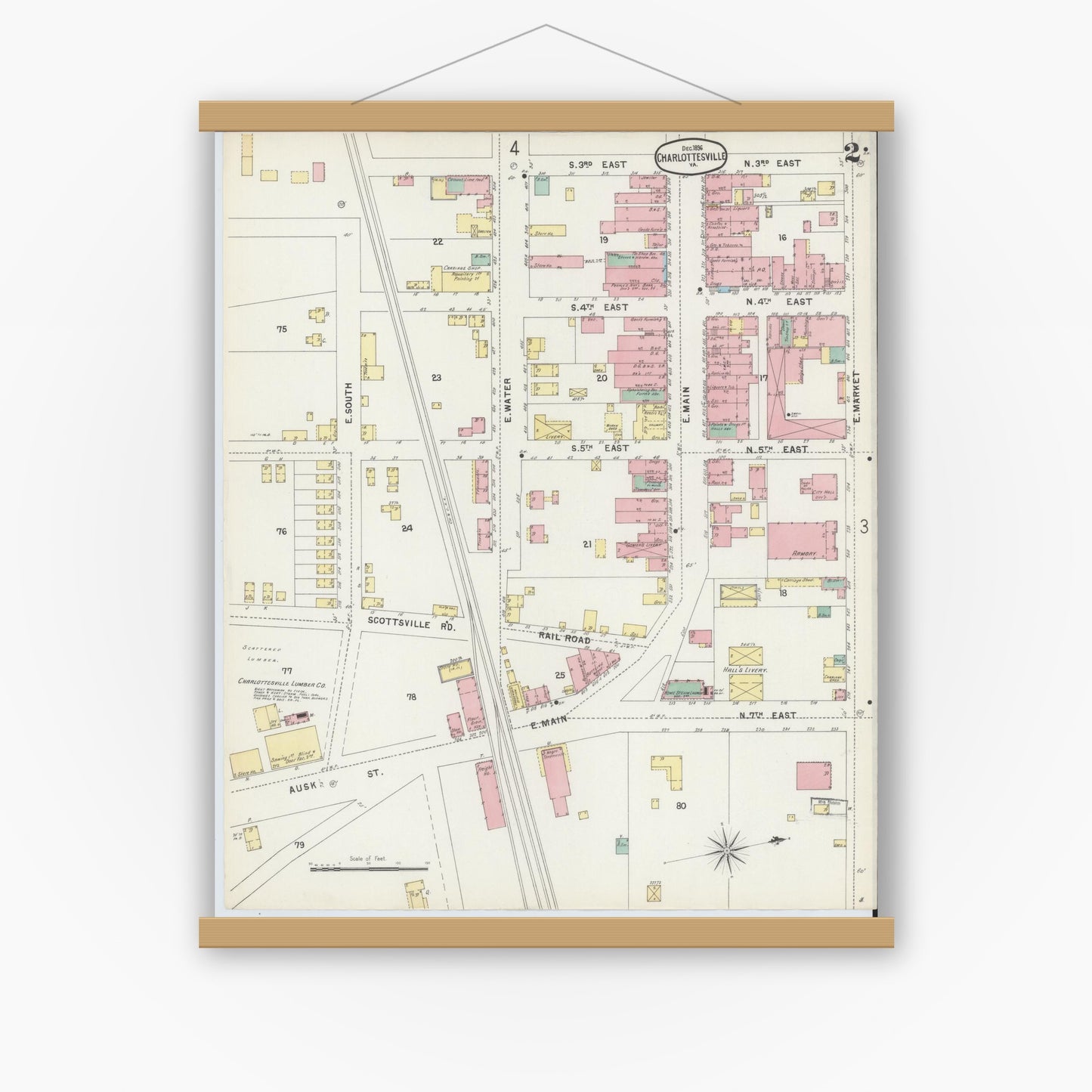 Old map wall art mockup — magnetic wood frame on white wall — Sanborn Fire Insurance Map from Charlottesville, Independent Cities, Virginia (1896), Sheet #0002