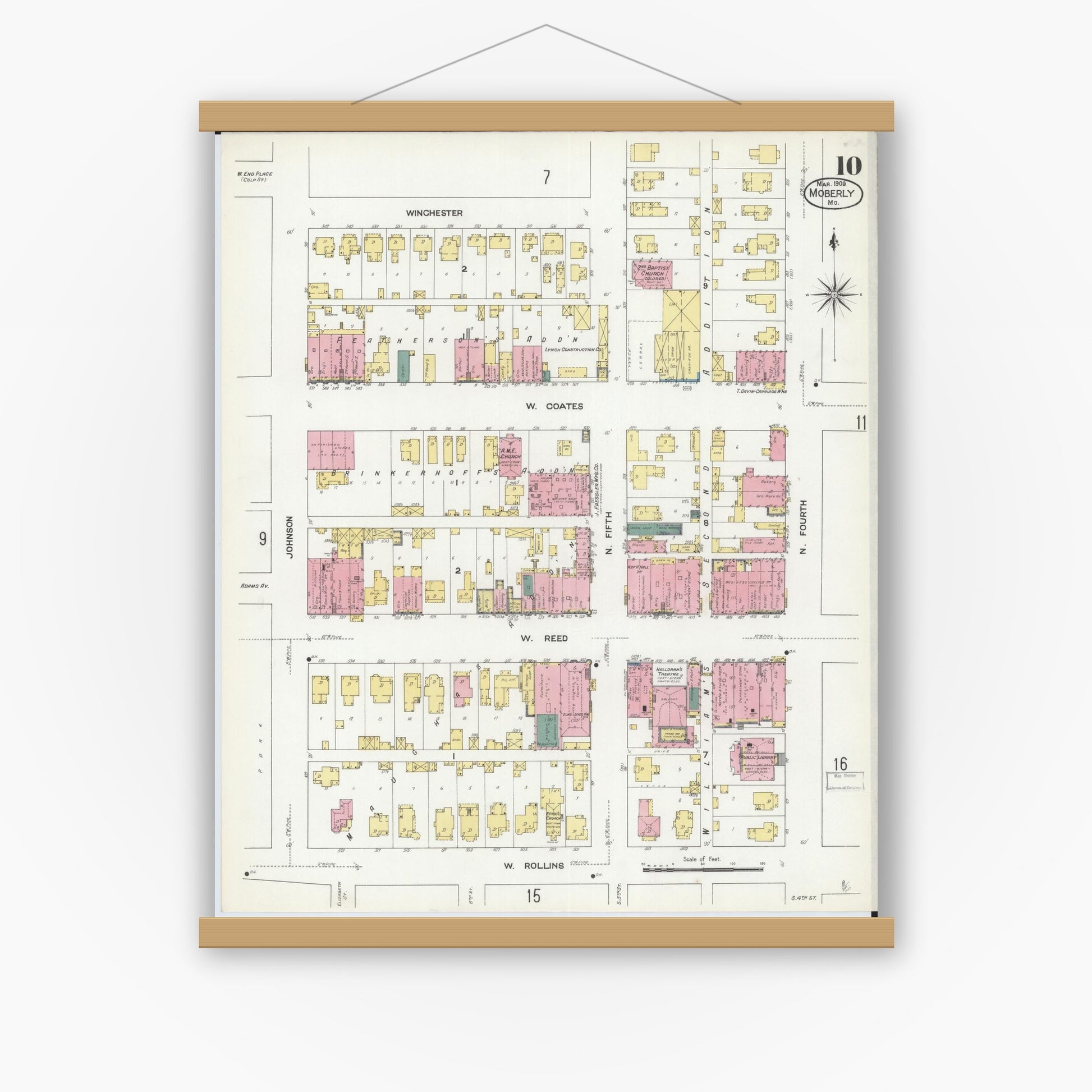 Old map wall art mockup — magnetic wood frame on white wall — Sanborn Fire Insurance Map from Moberly, Randolph County, Missouri (1909), Sheet #0010