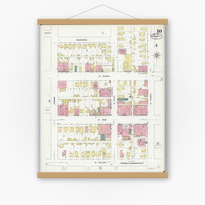 Old map wall art mockup — magnetic wood frame on white wall — Sanborn Fire Insurance Map from Moberly, Randolph County, Missouri (1909), Sheet #0010