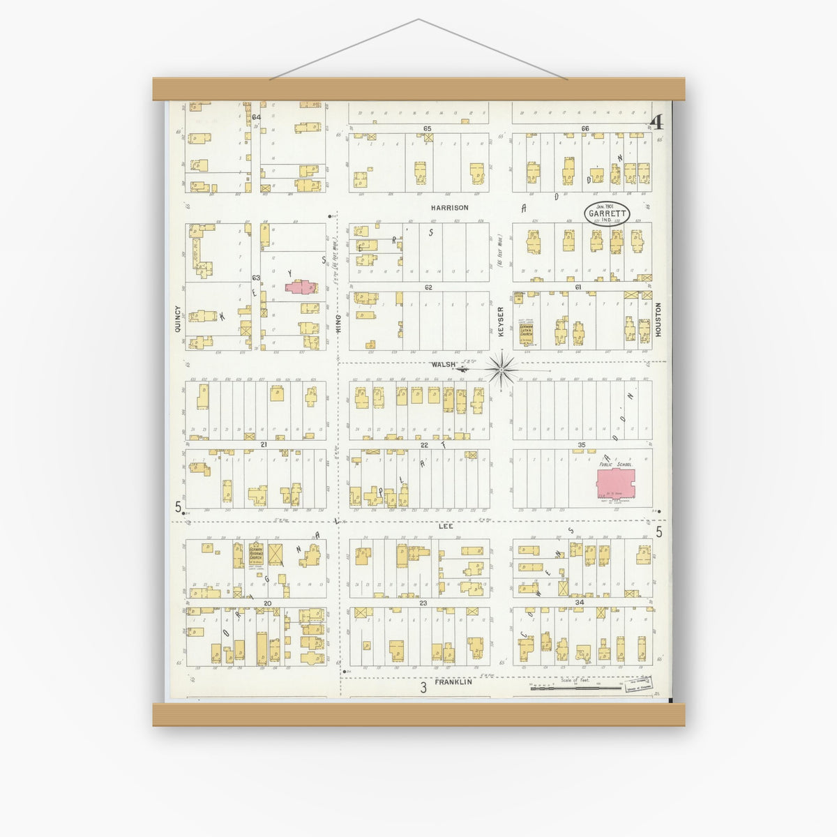 Old map wall art mockup — magnetic wood frame on white wall — Sanborn Fire Insurance Map from Garrett, De Kalb County, Indiana (1901), Sheet #0004