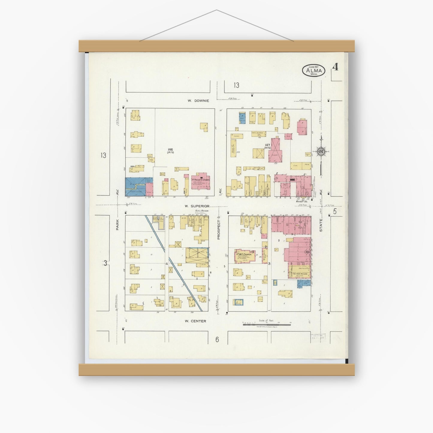 Old map wall art mockup — magnetic wood frame on white wall — Sanborn Fire Insurance Map from Alma, Gratiot County, Michigan (1917), Sheet #0004