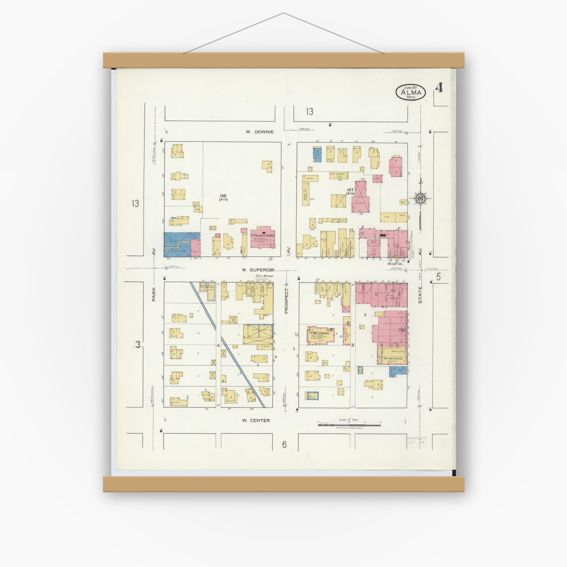 Old map wall art mockup — magnetic wood frame on white wall — Sanborn Fire Insurance Map from Alma, Gratiot County, Michigan (1917), Sheet #0004