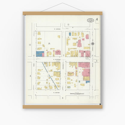 Old map wall art mockup — magnetic wood frame on white wall — Sanborn Fire Insurance Map from Alma, Gratiot County, Michigan (1917), Sheet #0004