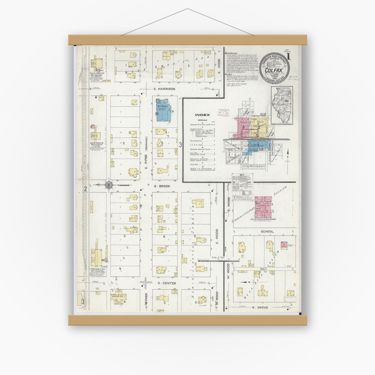Old map wall art mockup — magnetic wood frame on white wall — Sanborn Fire Insurance Map from Colfax, McLean County, Illinois (1914) - Complete Map Set