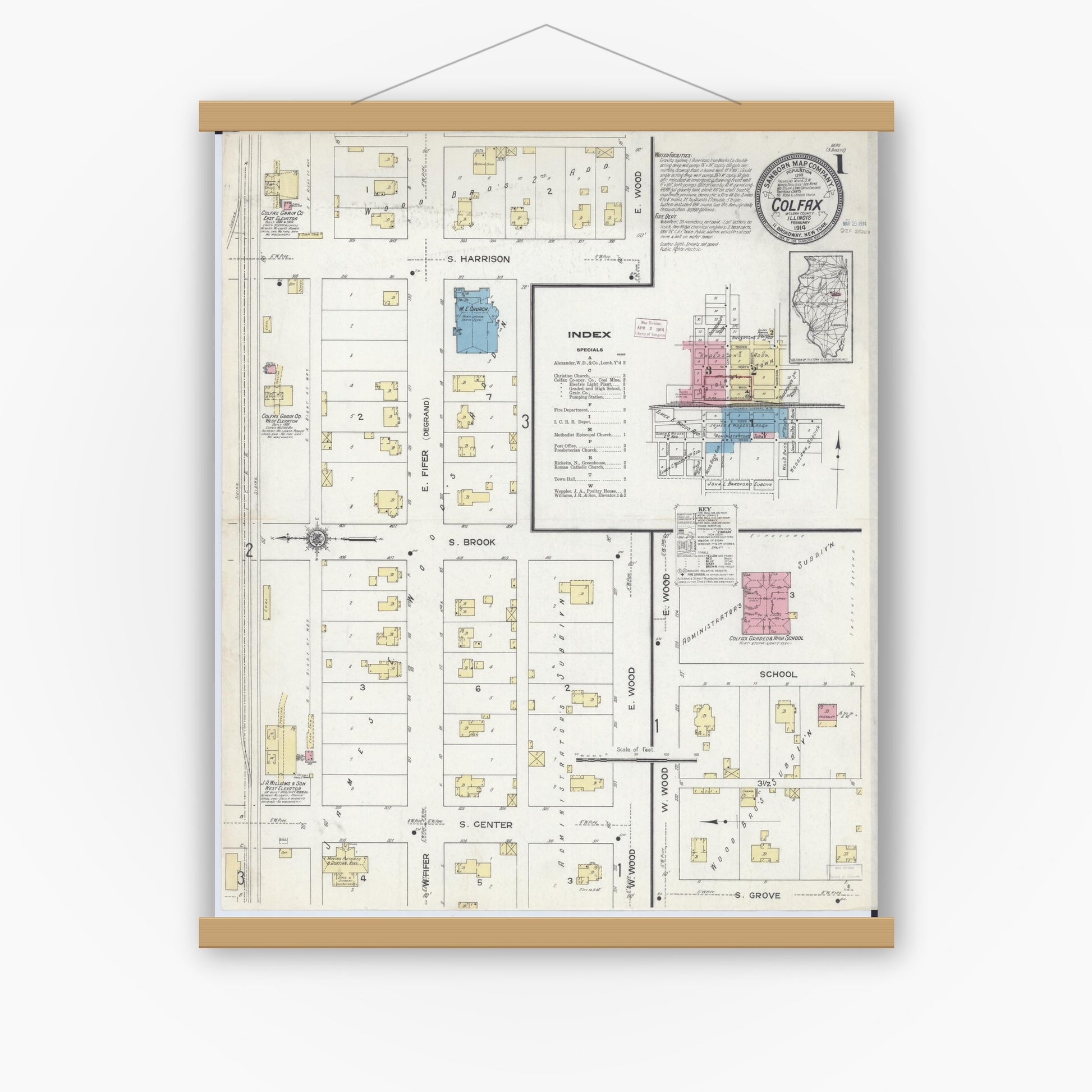 Old map wall art mockup — magnetic wood frame on white wall — Sanborn Fire Insurance Map from Colfax, McLean County, Illinois (1914) - Complete Map Set