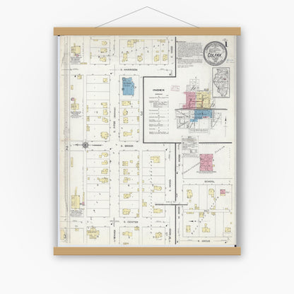 Old map wall art mockup — magnetic wood frame on white wall — Sanborn Fire Insurance Map from Colfax, McLean County, Illinois (1914) - Complete Map Set