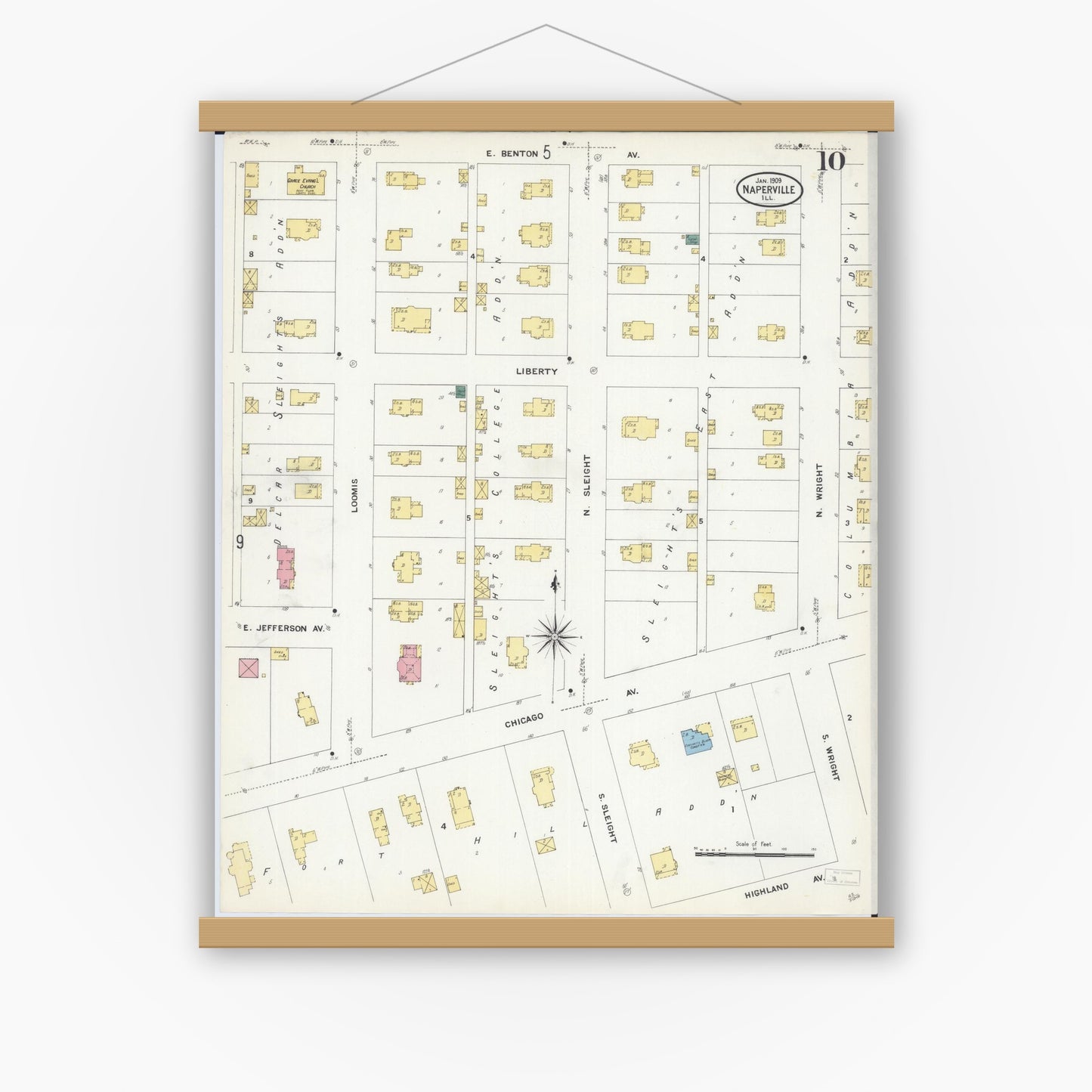 Old map wall art mockup — magnetic wood frame on white wall — Sanborn Fire Insurance Map from Naperville, Du Page County, Illinois (1909), Sheet #0010