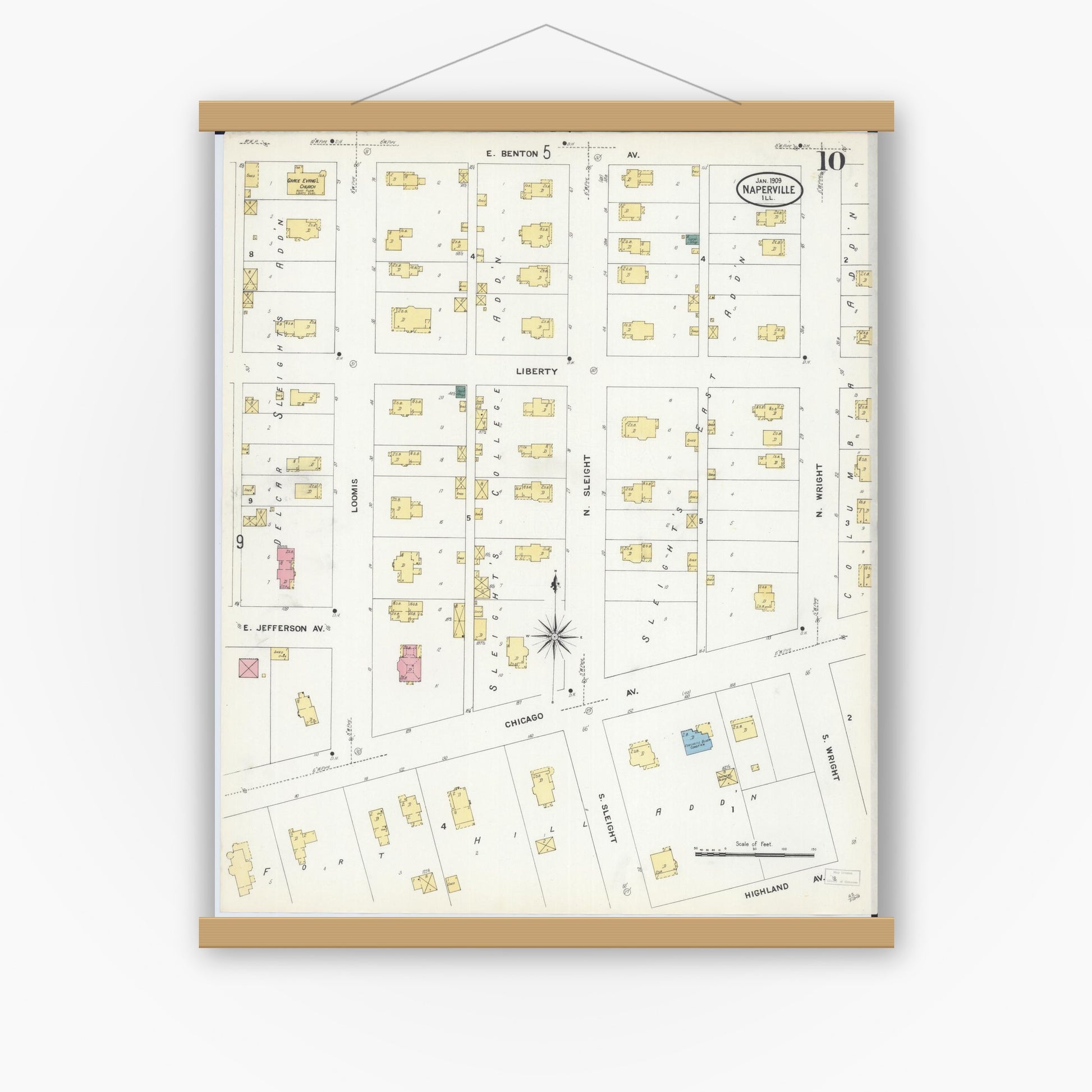 Old map wall art mockup — magnetic wood frame on white wall — Sanborn Fire Insurance Map from Naperville, Du Page County, Illinois (1909), Sheet #0010