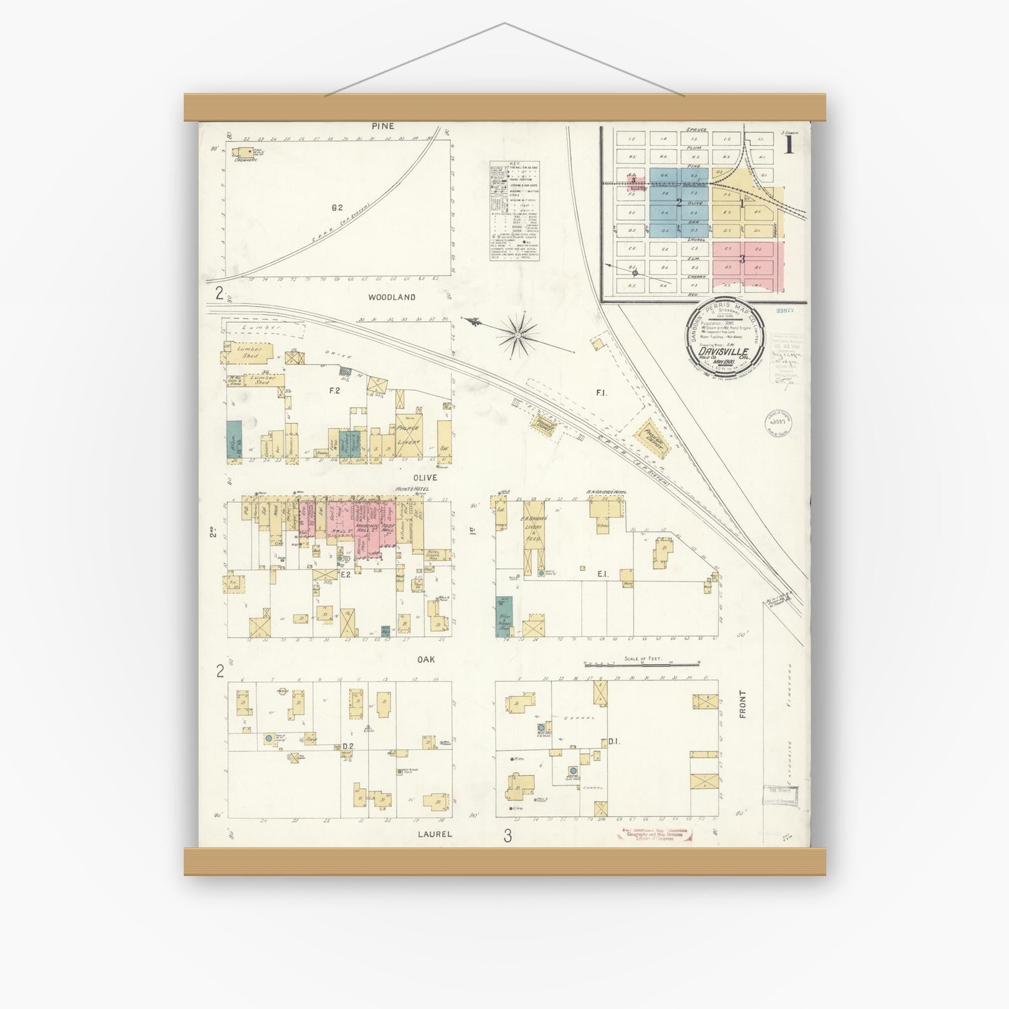 Old map wall art mockup — magnetic wood frame on white wall — Sanborn Fire Insurance Map from Davis, Yolo County, California (1900) - Complete Map Set