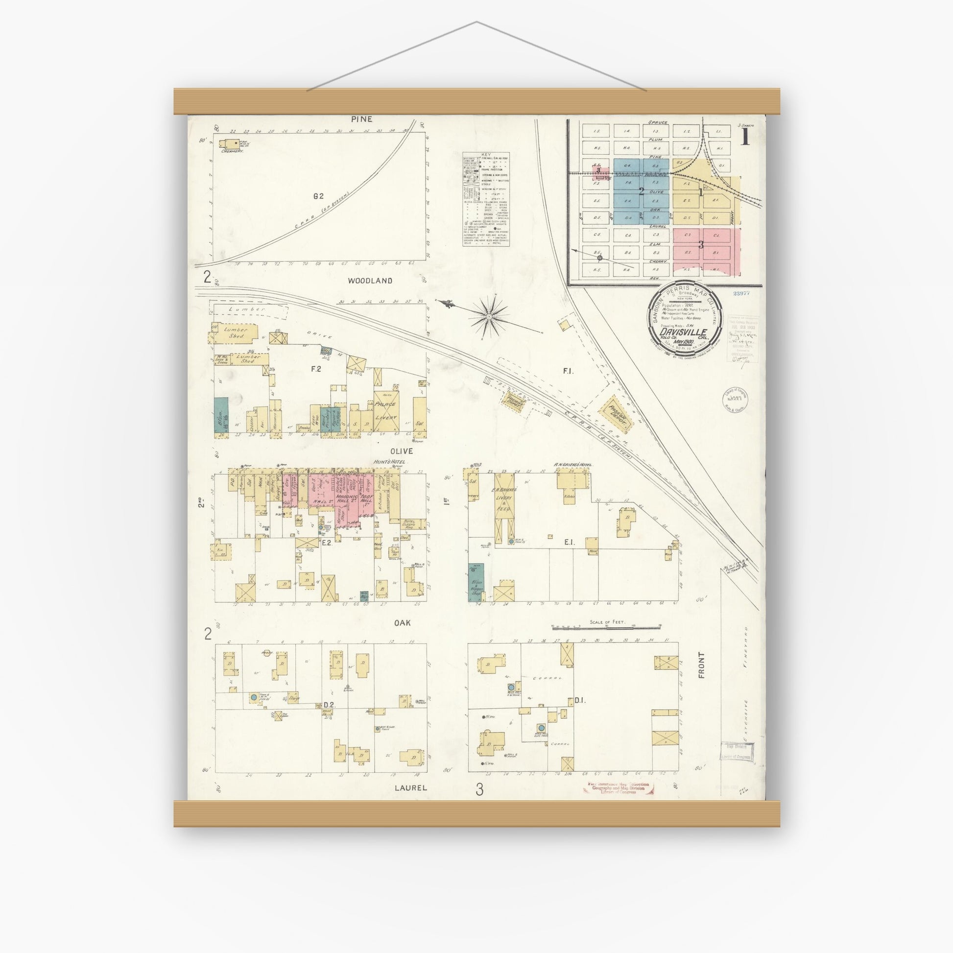 Old map wall art mockup — magnetic wood frame on white wall — Sanborn Fire Insurance Map from Davis, Yolo County, California (1900) - Complete Map Set