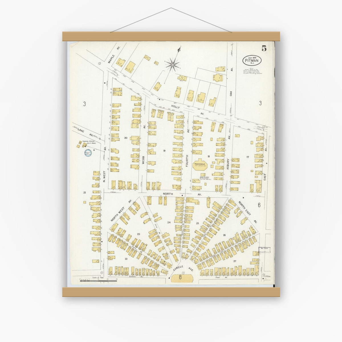 Old map wall art mockup — magnetic wood frame on white wall — Sanborn Fire Insurance Map from Pitman, Gloucester County, New Jersey (1908), Sheet #0005